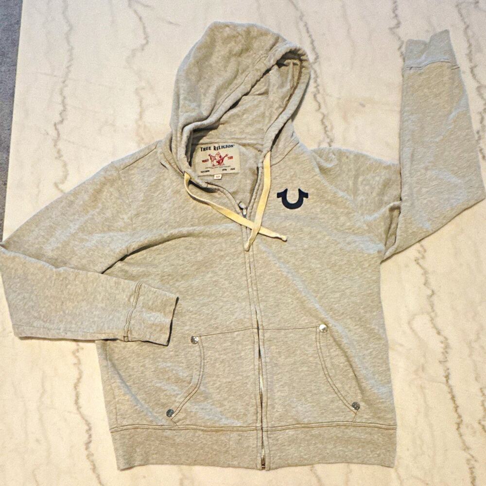 True Religion Men’s XL Gray Full Zip Hoodie Buddha Logo Graphic Pockets 0162